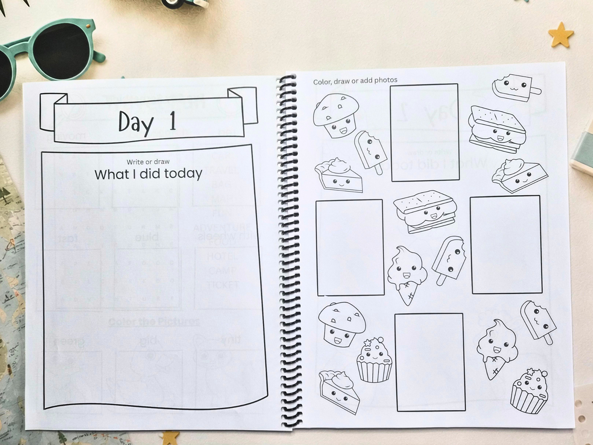 Open pages from the My Travel Journal Junior travel journal with a daily holiday journal page and fun colouring activity with food illustrations.
