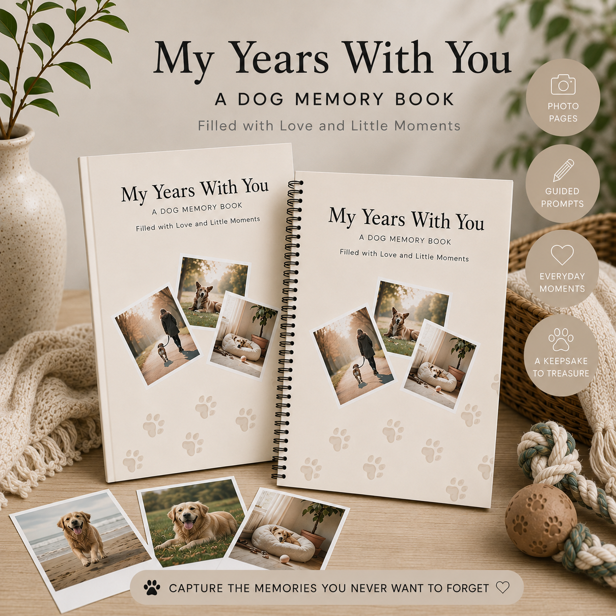 Dog memory book with guided prompts, photo pages and space to capture milestones, funny quirks and everyday moments from puppyhood and beyond