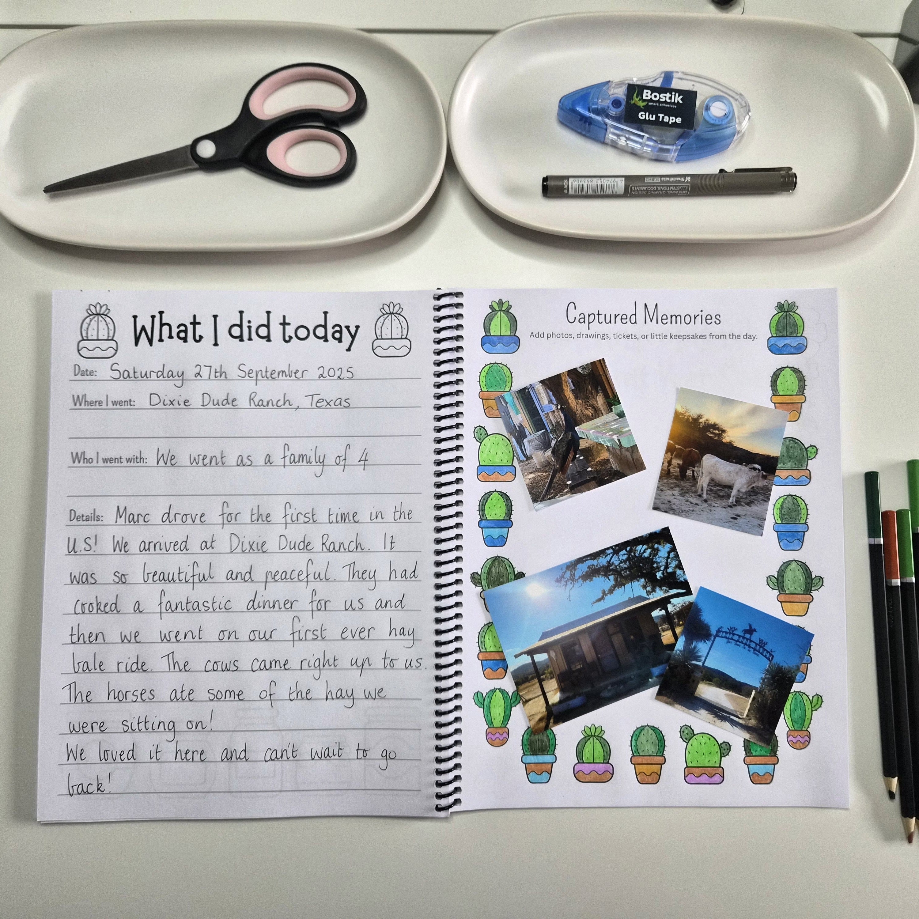Real memory page from a Texas ranch trip showing photos, written memories, and little moments captured in a scrapbook style keepsake journal
