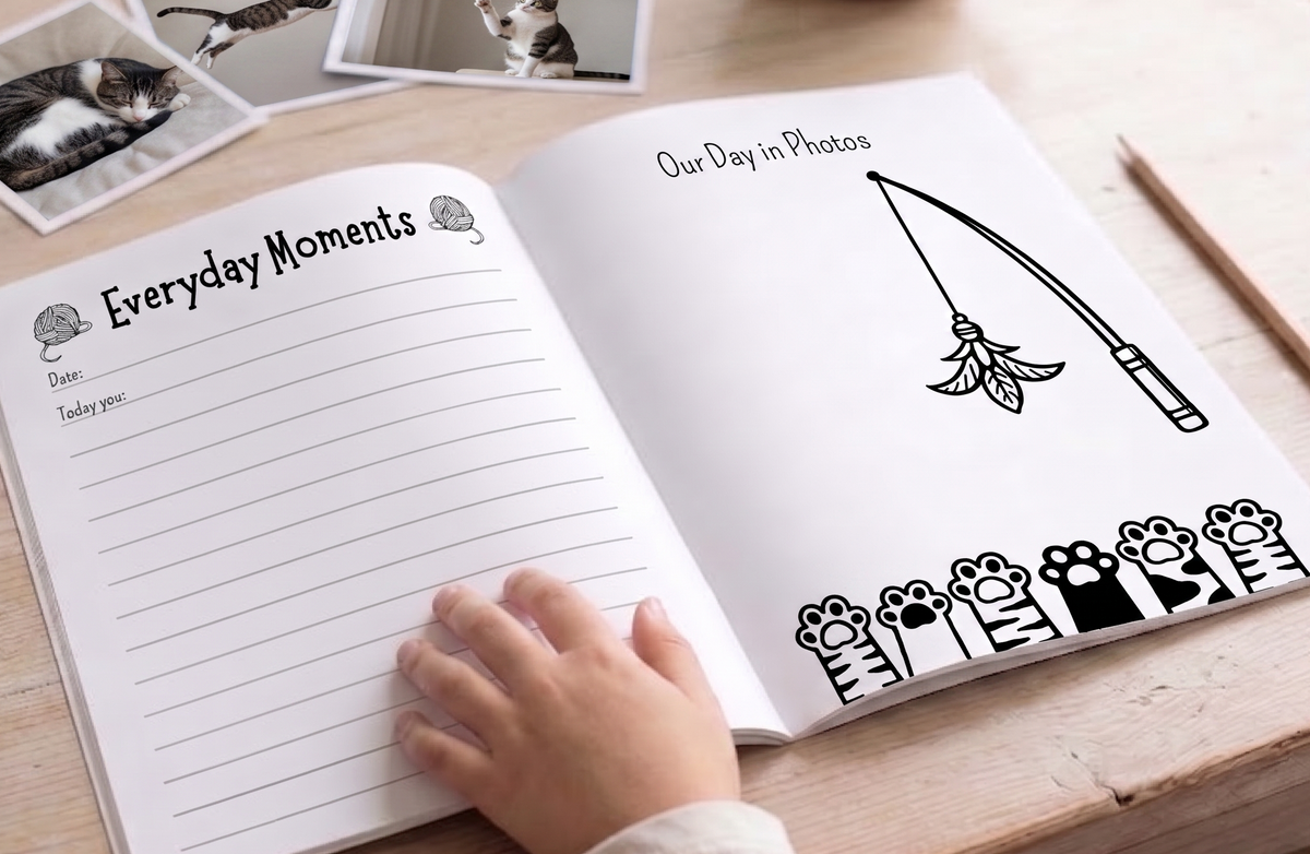 Open cat memory book with guided keepsake pages, photo spaces and everyday memory prompts