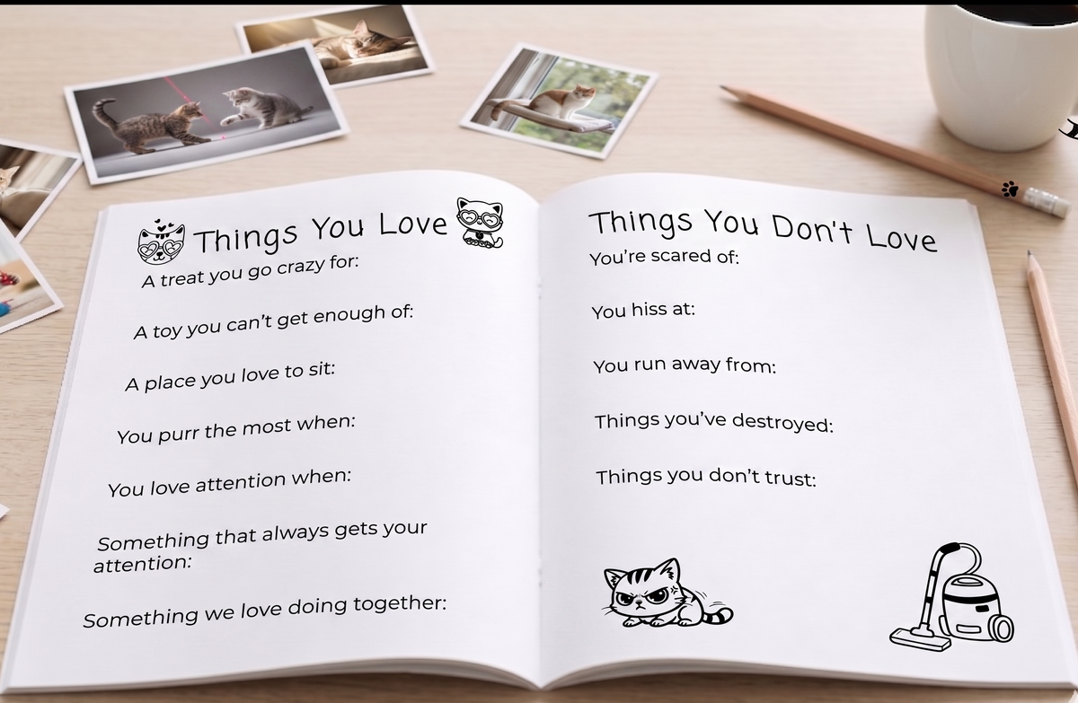 Open cat memory book with guided keepsake pages for favourite things, personality traits and everyday memories