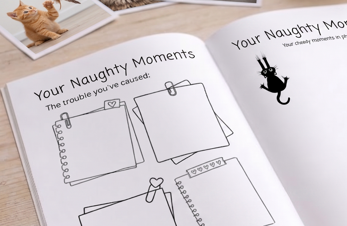 Open cat memory book with guided keepsake pages for funny moments, photo spaces and everyday memories