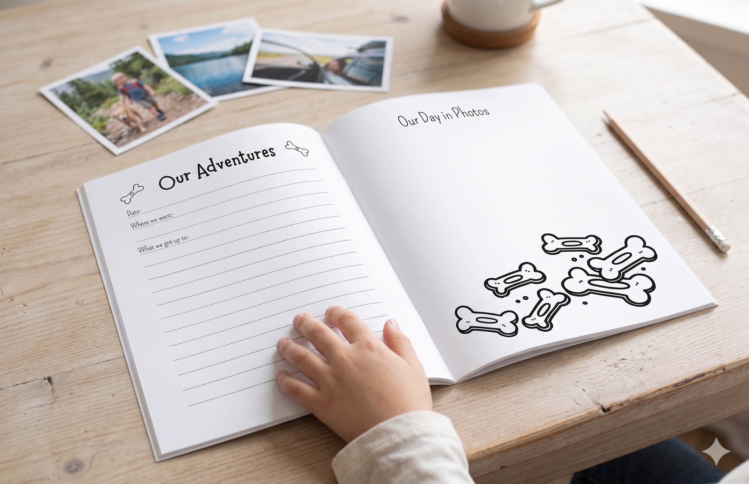 Adventure pages in the dog memory book with space to write stories, add photos and capture special outings, road trips and favourite memories together