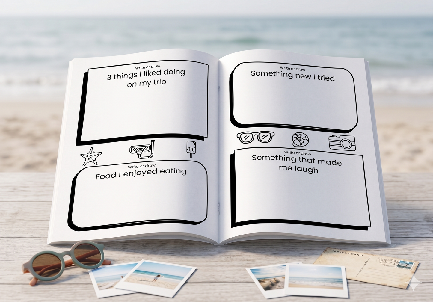 Kids travel journal with guided reflection prompts, photo spaces and travel memory pages