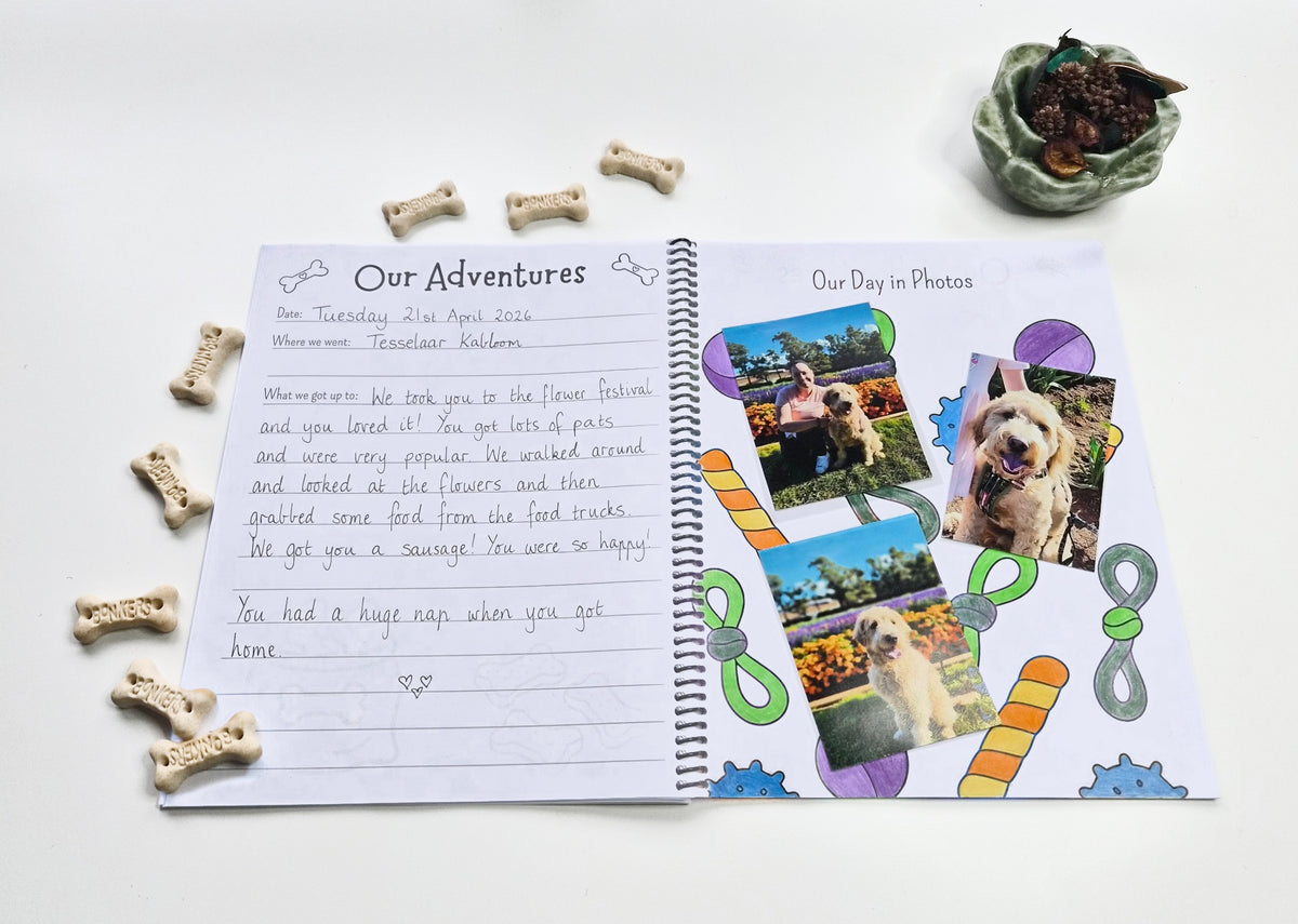 Chilli Keepsakes spiral dog memory book showing completed ‘Our Adventures’ and ‘Our Day in Photos’ pages, with handwritten memories and dog photos from a flower festival visit.
