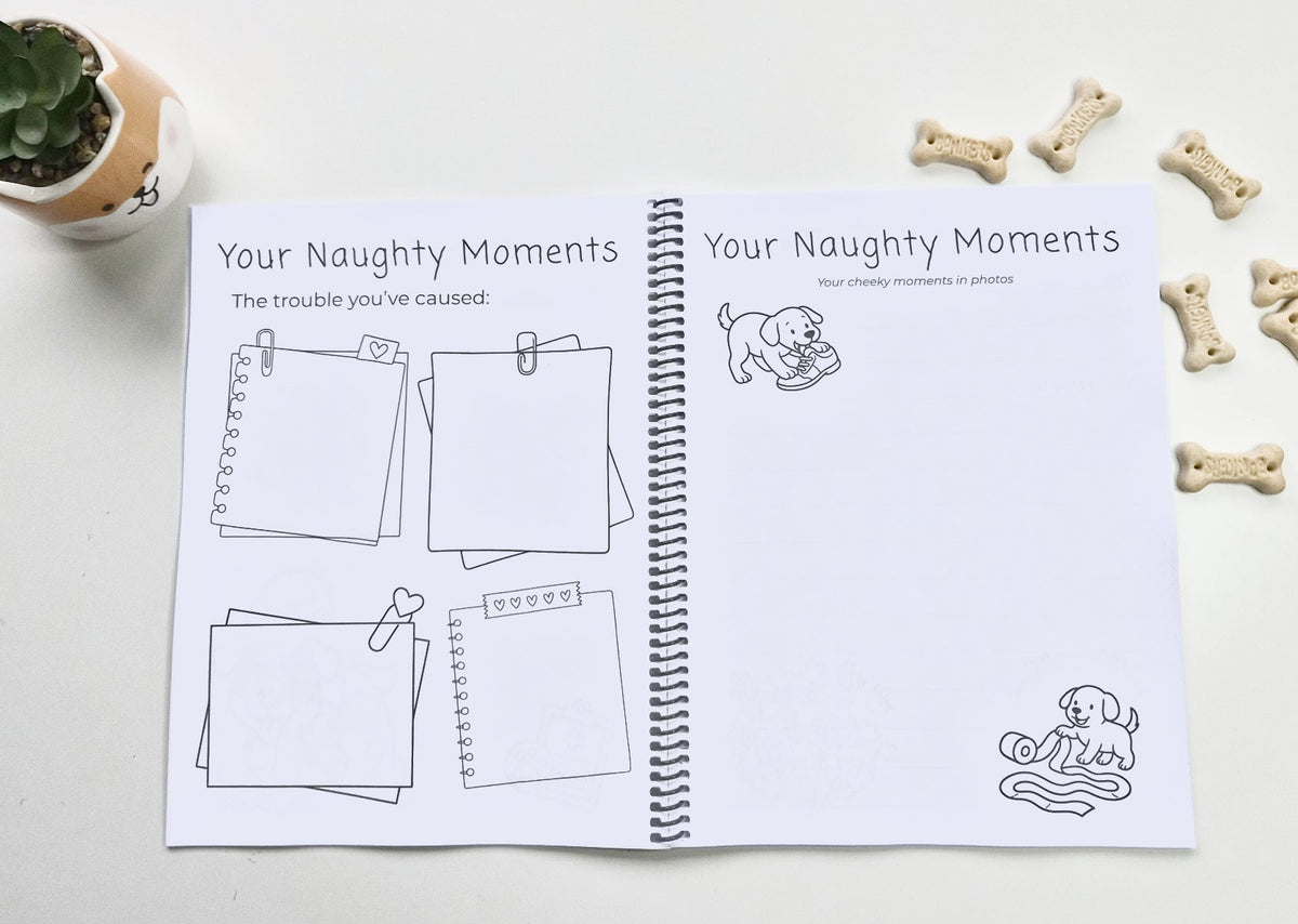 Chilli Keepsakes spiral dog memory book open to ‘Your Naughty Moments’ pages, with illustrated note frames and space for photos to record a dog’s cheeky antics.