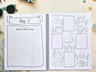 Open pages from the My Travel Journal Junior travel journal featuring a daily travel journal page and an ocean-themed colouring activity.