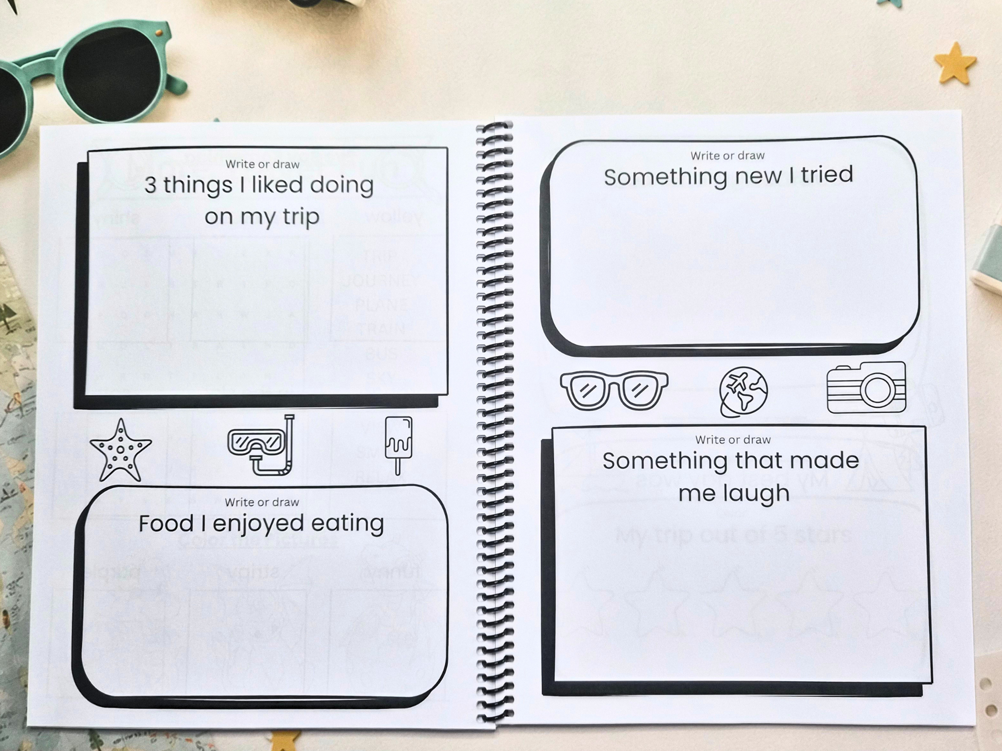 Open pages from the My Travel Journal Junior travel journal with prompts to record favourite activities, foods and funny holiday memories.