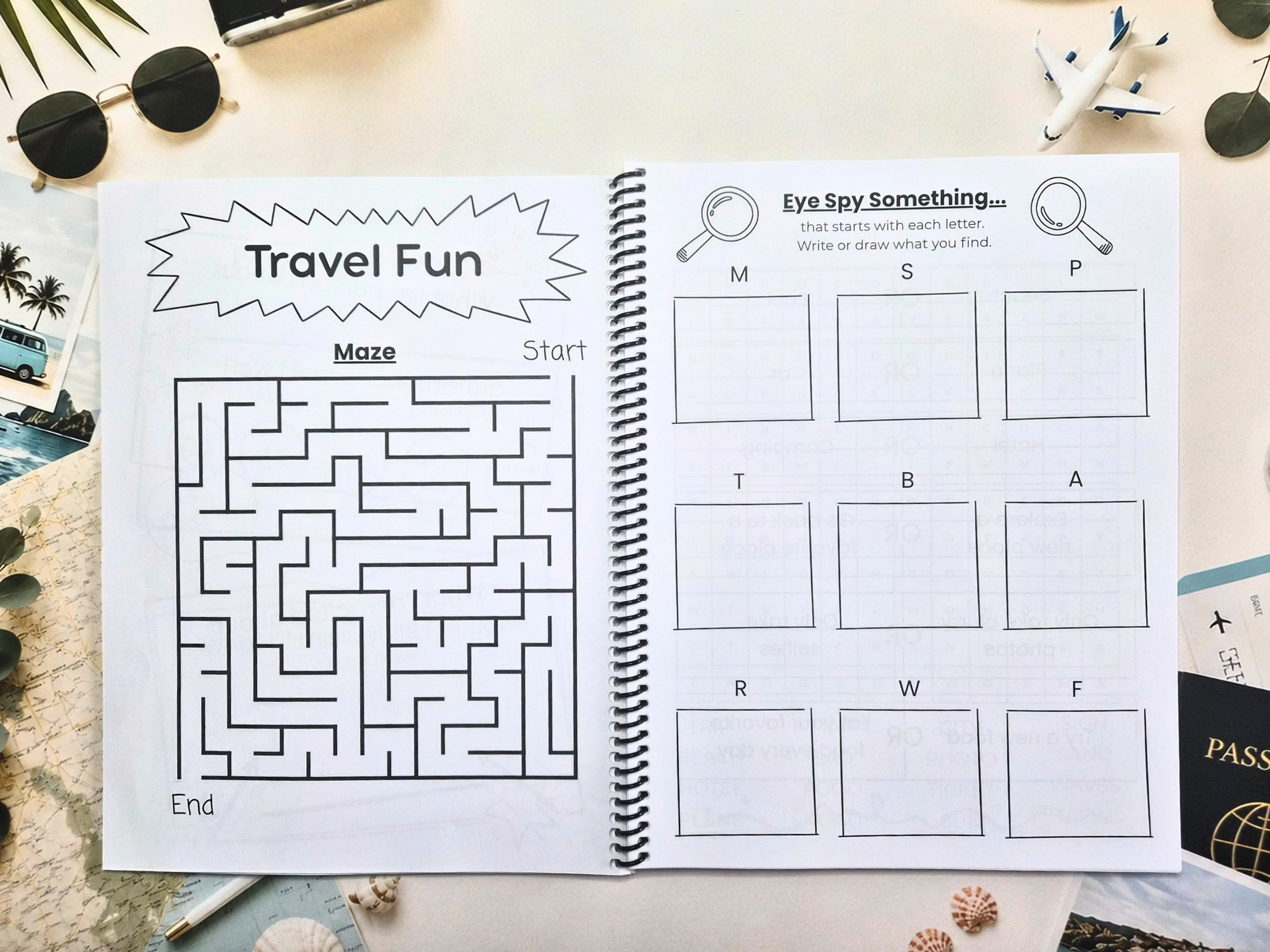 Open pages from the My Travel Journal Youth travel journal featuring a travel maze, eye spy activity and activities for travel.