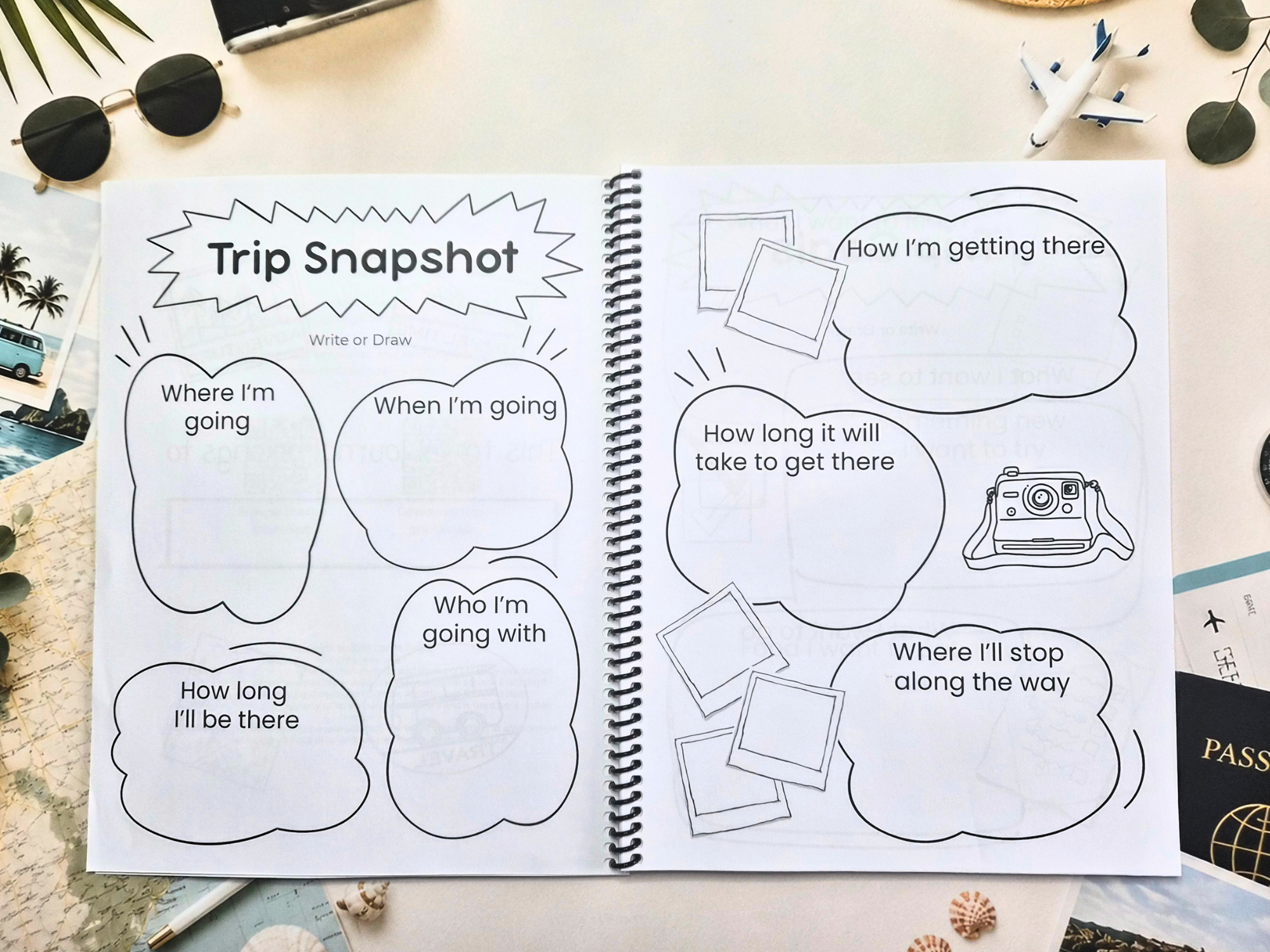 Open pages from the My Travel Journal Youth travel journal with trip planning prompts for destination, transport, travel time and stops along the journey.