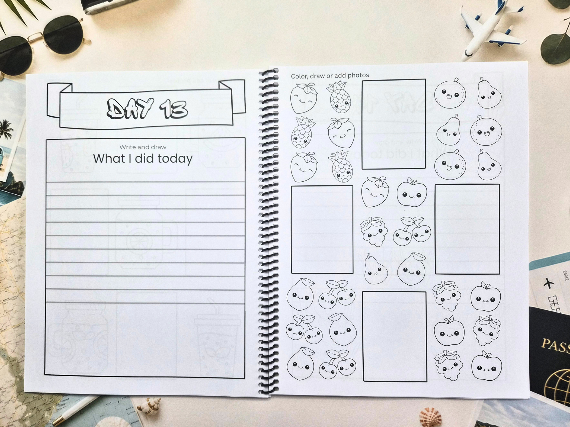 Open pages from the My Travel Journal Youth travel journal with a lined daily writing page and a fruit-themed colouring activity.