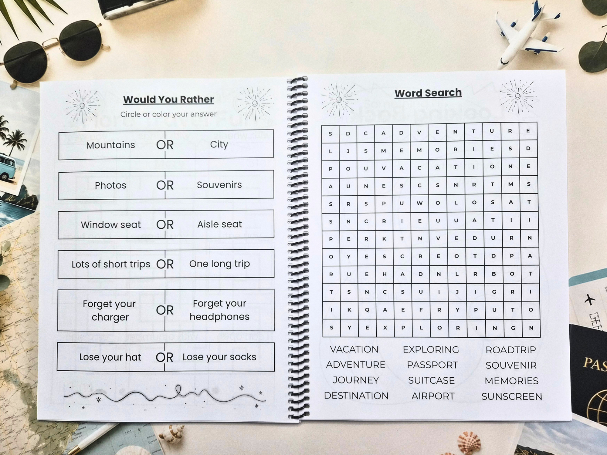 Open pages from the My Travel Journal Youth travel journal featuring travel-themed Would You Rather questions and a travel word search.