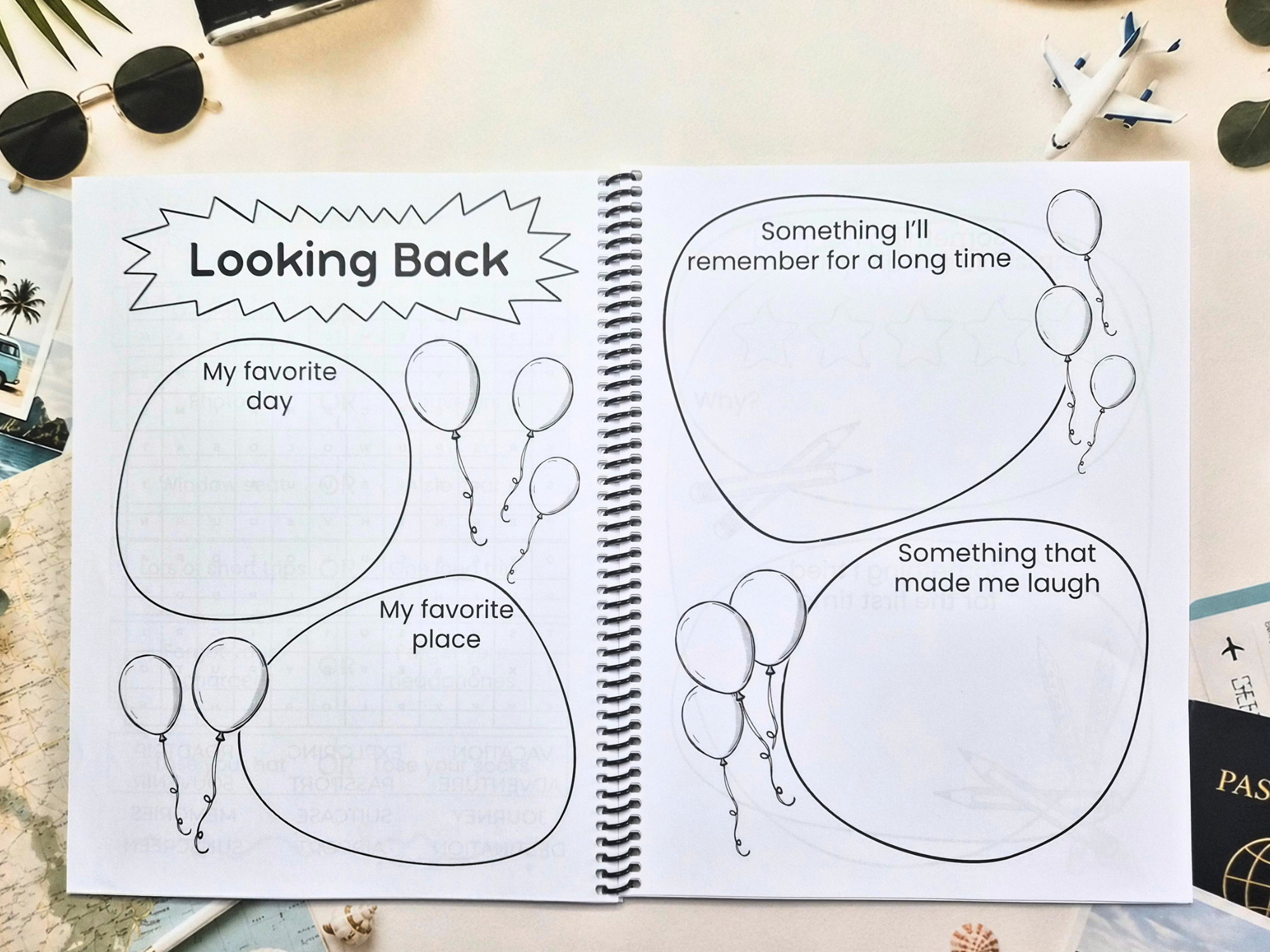 Open pages from the My Travel Journal Youth travel journal with reflection prompts about favourite memories, places and moments from the trip.