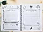 Open pages from the My Travel Journal Junior travel journal showing trip planning prompts for destination, travel companions and travel dates.