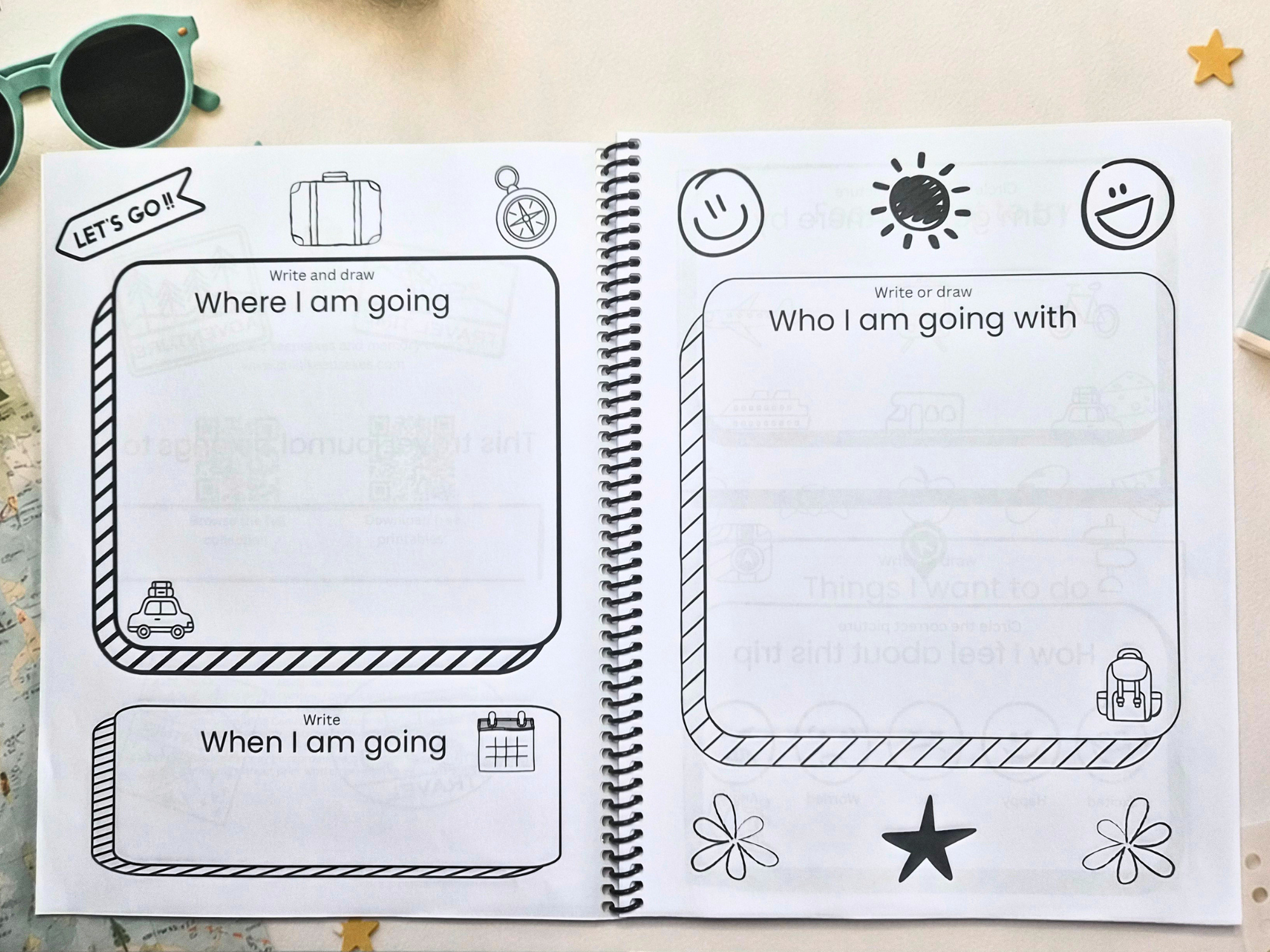 Open pages from the My Travel Journal Junior travel journal showing trip planning prompts for destination, travel companions and travel dates.