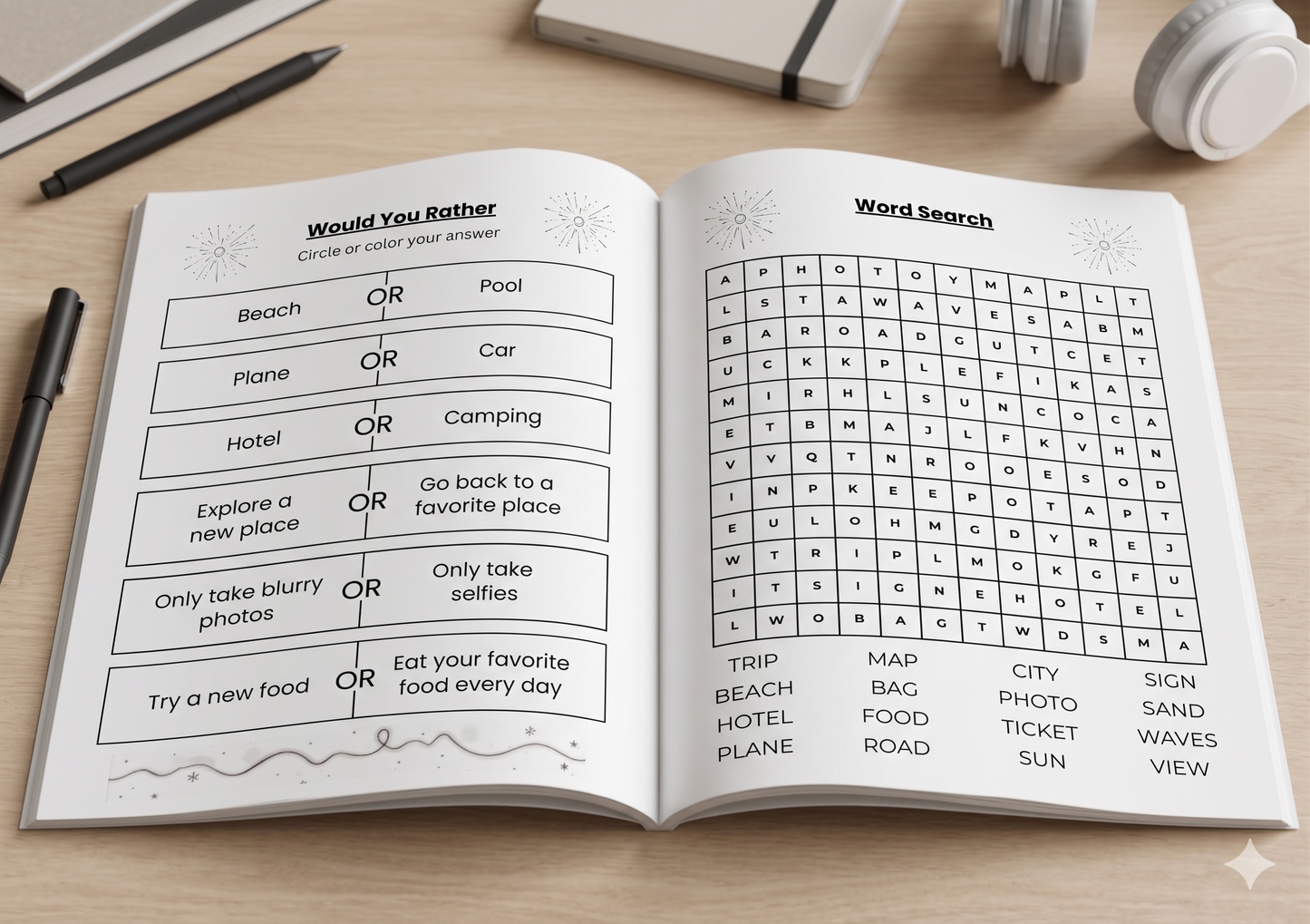 Travel journal activity pages with fun screen-free games including Would You Rather questions and a travel-themed word search to keep kids entertained on the go
