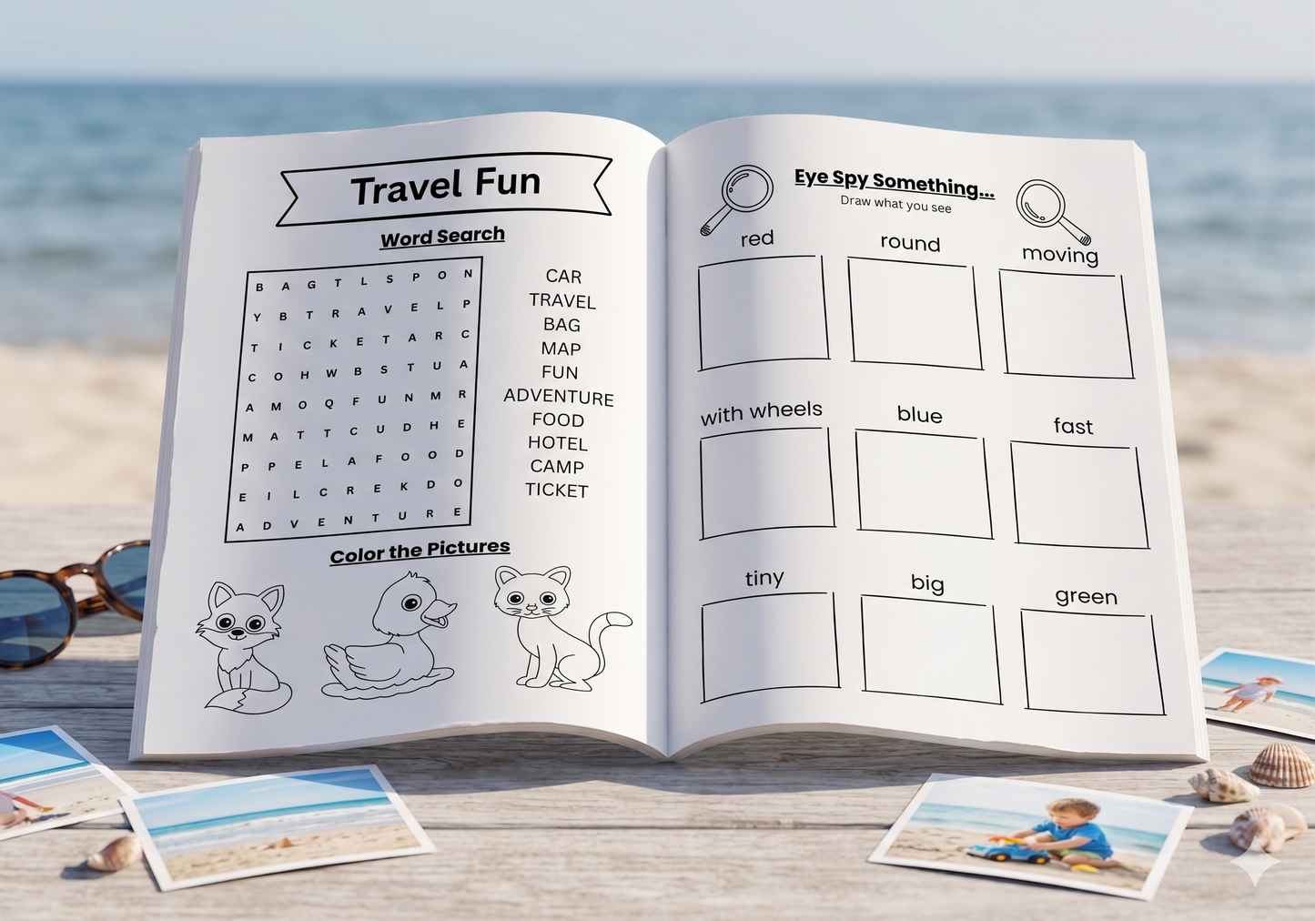 Kids travel journal with guided travel activities, prompts and memory pages