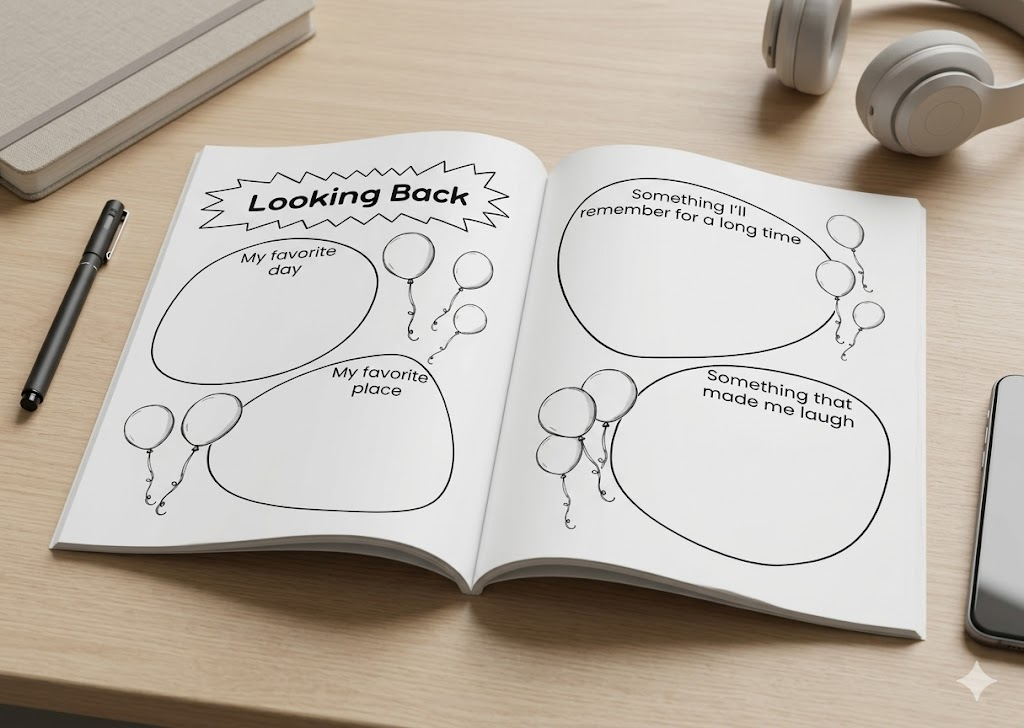 Travel journal reflection page with guided prompts to help kids remember favourite moments, funny memories and special highlights from their trip