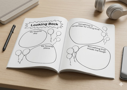 Travel journal reflection page with guided prompts to help kids remember favourite moments, funny memories and special highlights from their trip