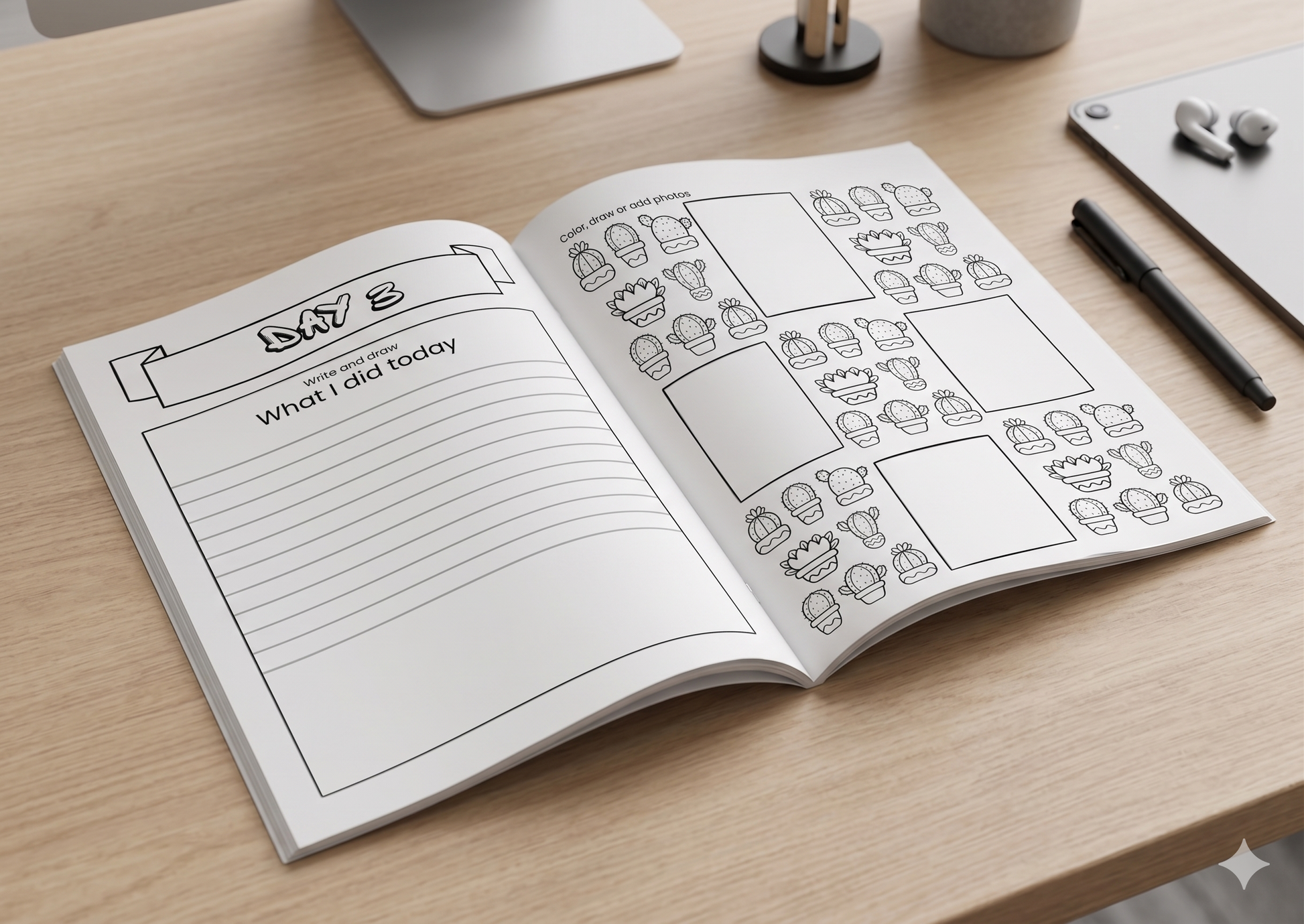 Daily travel journal pages with space to write about the day, add photos and enjoy fun colouring activities that keep kids engaged throughout the trip