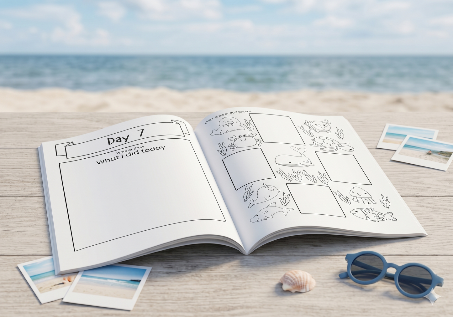 Kids travel journal with daily travel prompts, photo spaces and guided memory activities