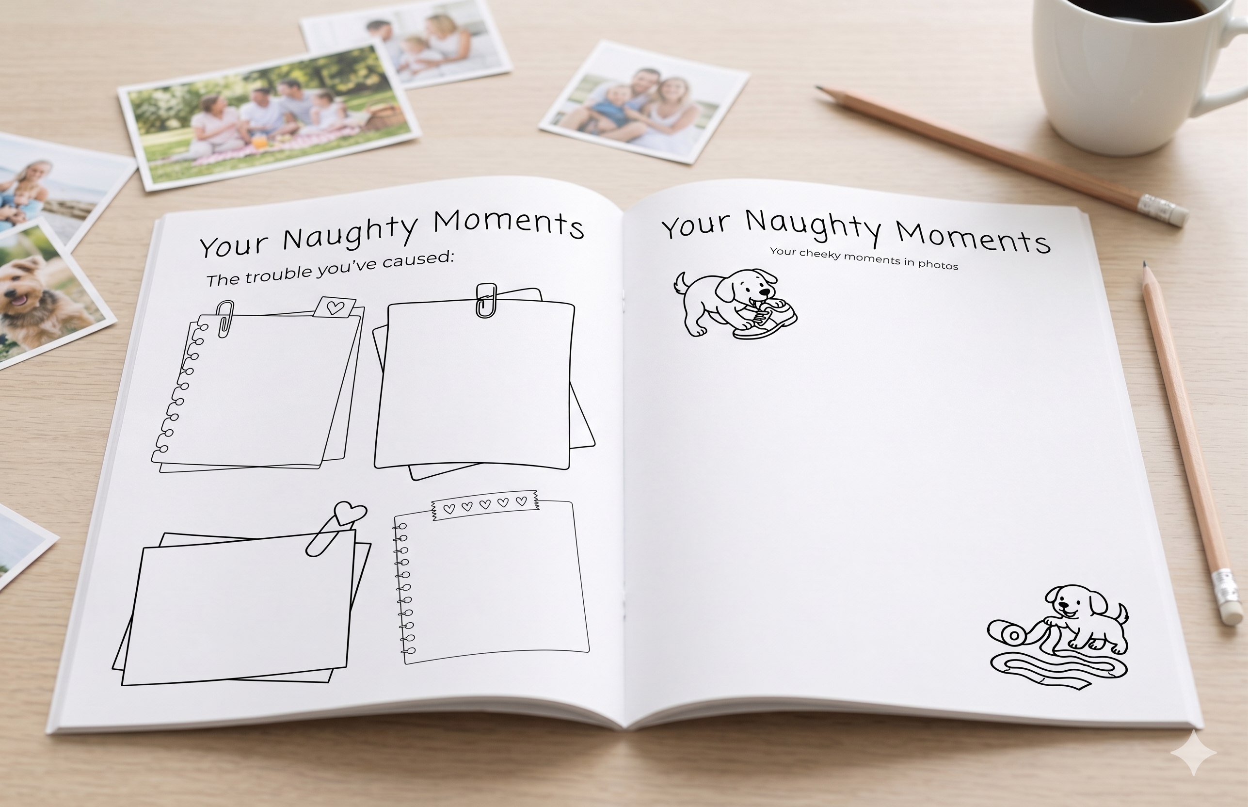 Fun dog memory book pages to capture naughty moments, funny stories and cheeky memories with space for photos and personal notes