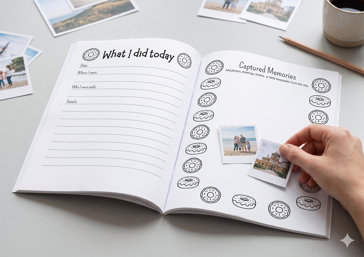 Photo memory journal with daily writing prompts and space for pictures to preserve special moments and everyday memories