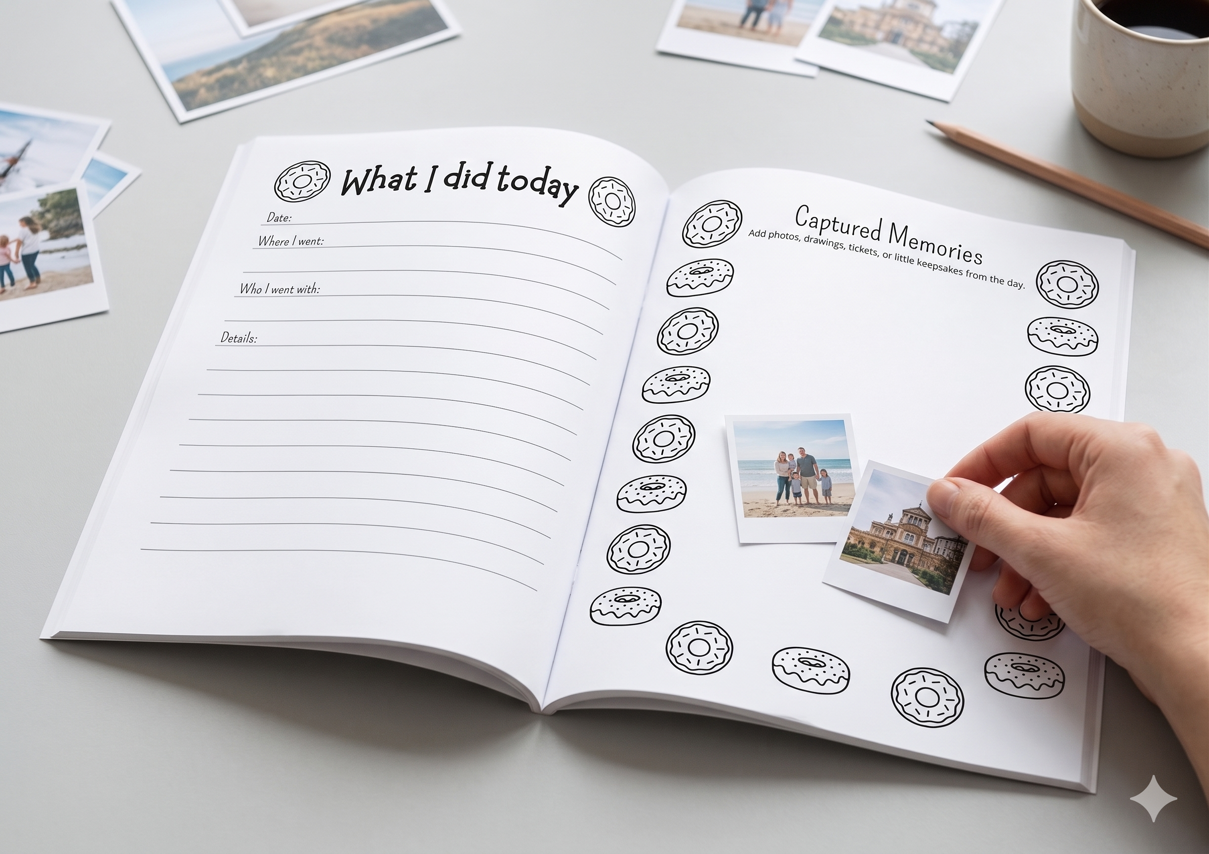 Photo memory journal with daily writing prompts and space for pictures to preserve special moments and everyday memories