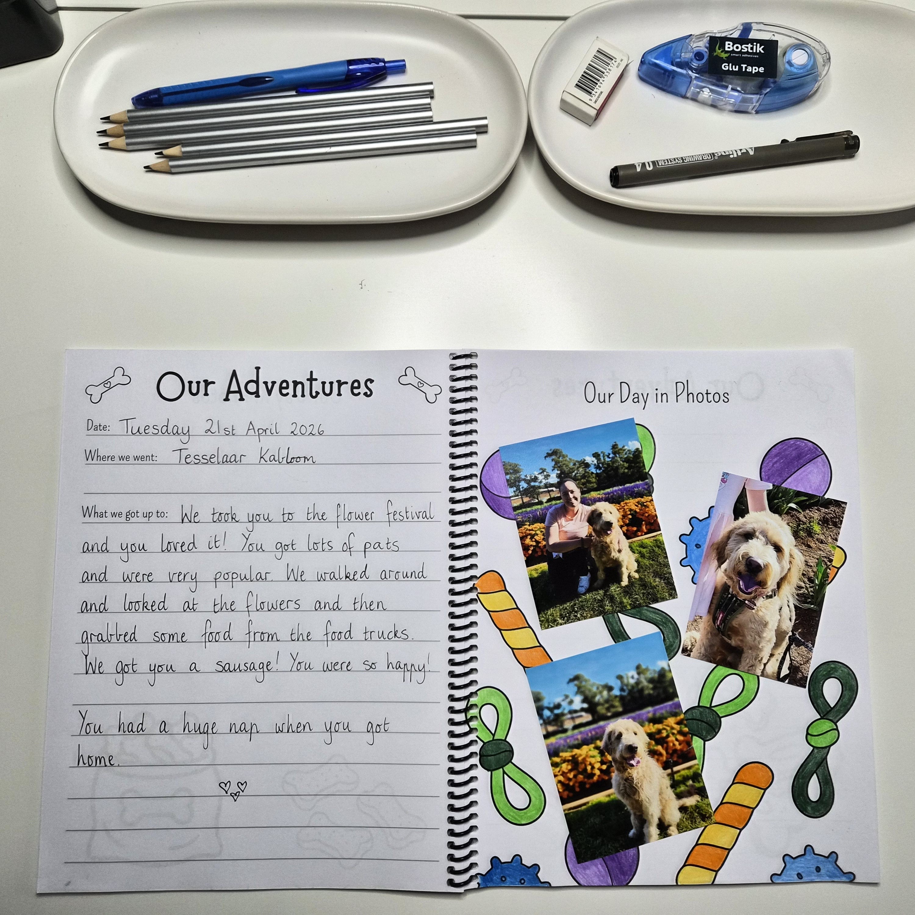 Filled dog memory book adventure page with photo spaces, guided keepsake prompts and special memories