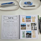 Completed kids travel journal page with guided daily prompts, photo spaces and travel memory pages