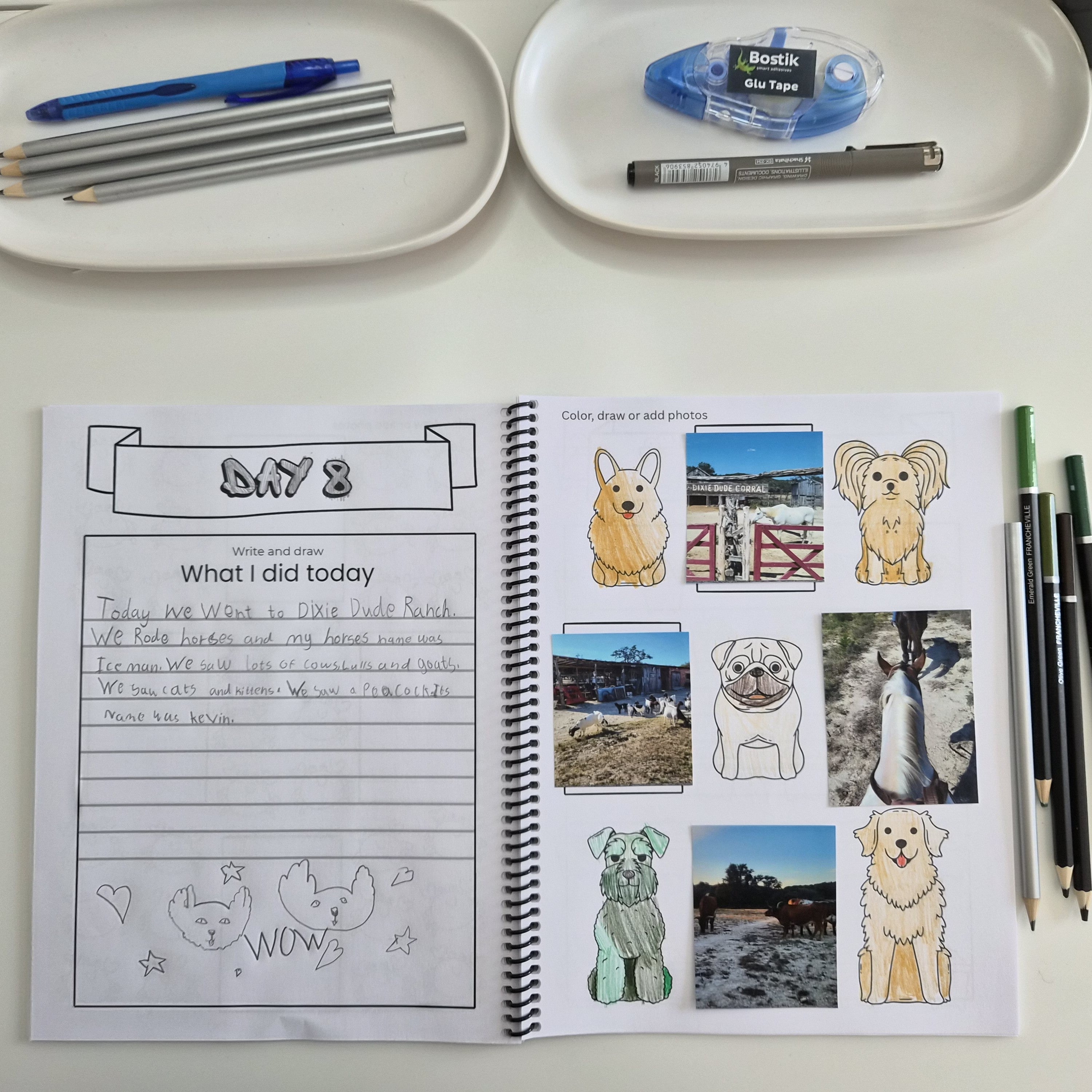 Completed kids travel journal page with guided daily prompts, photo spaces and travel memory pages