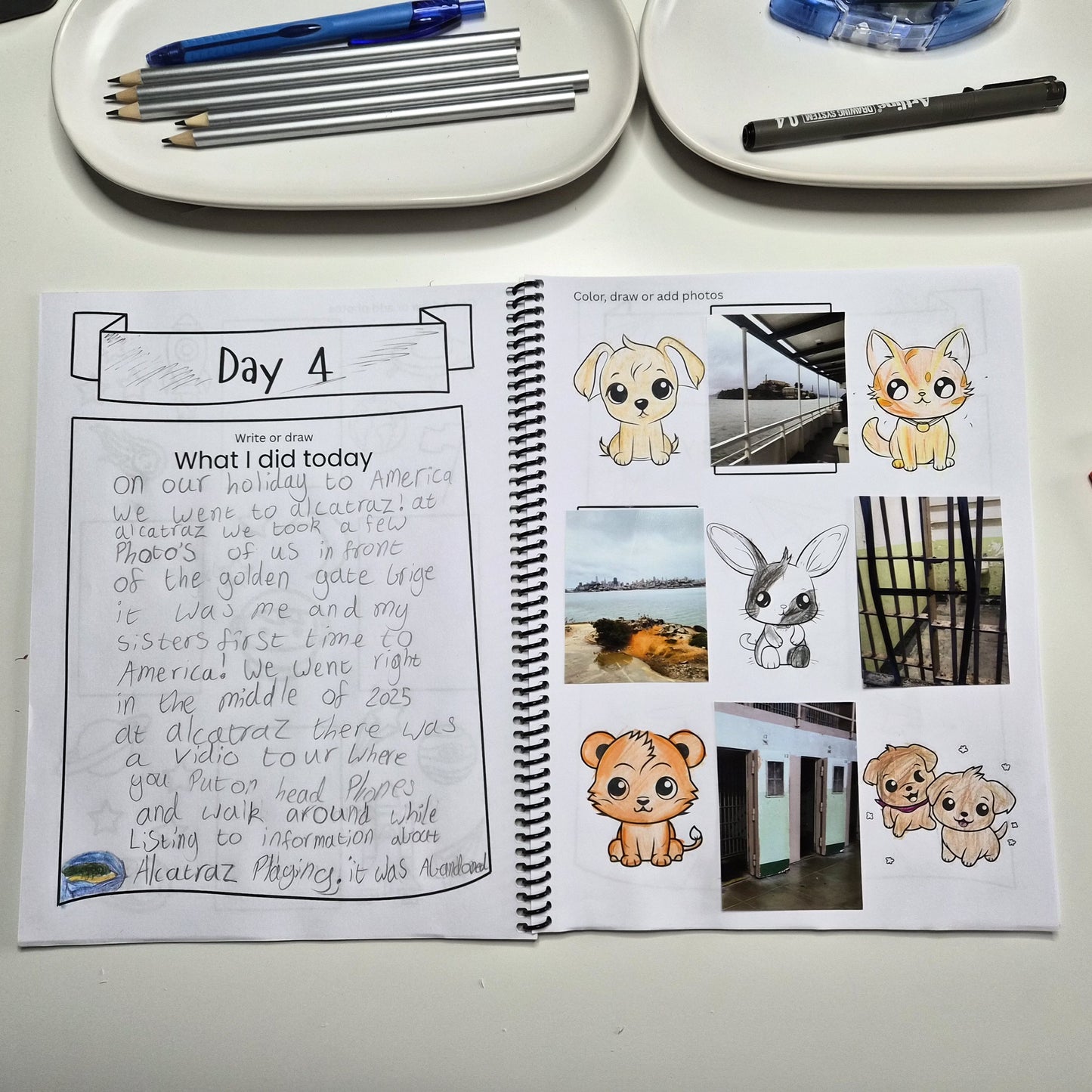 Completed kids travel journal page with guided prompts, photo spaces and travel memory activities