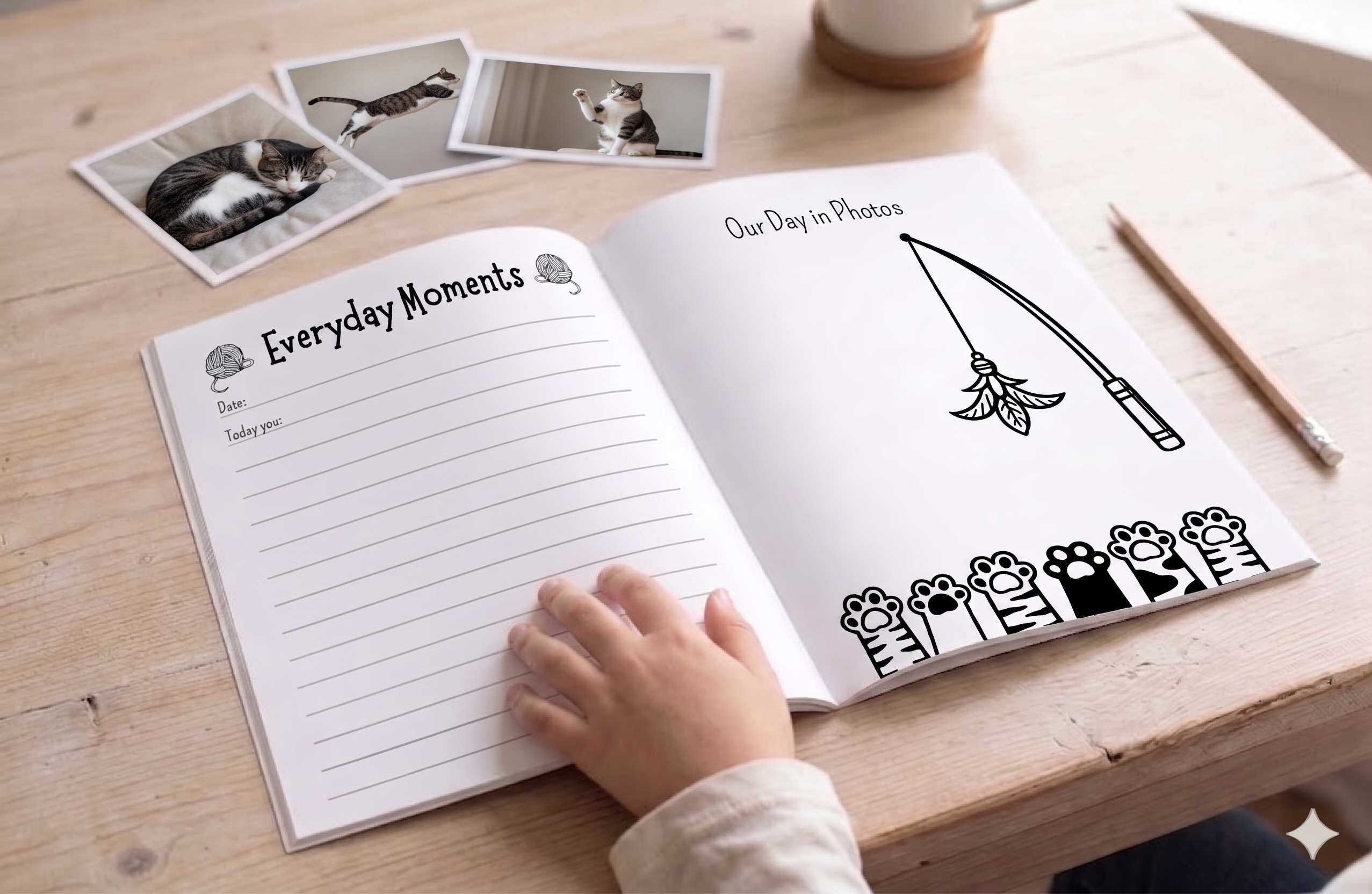 Open cat memory book with guided keepsake pages, photo spaces and everyday memory prompts