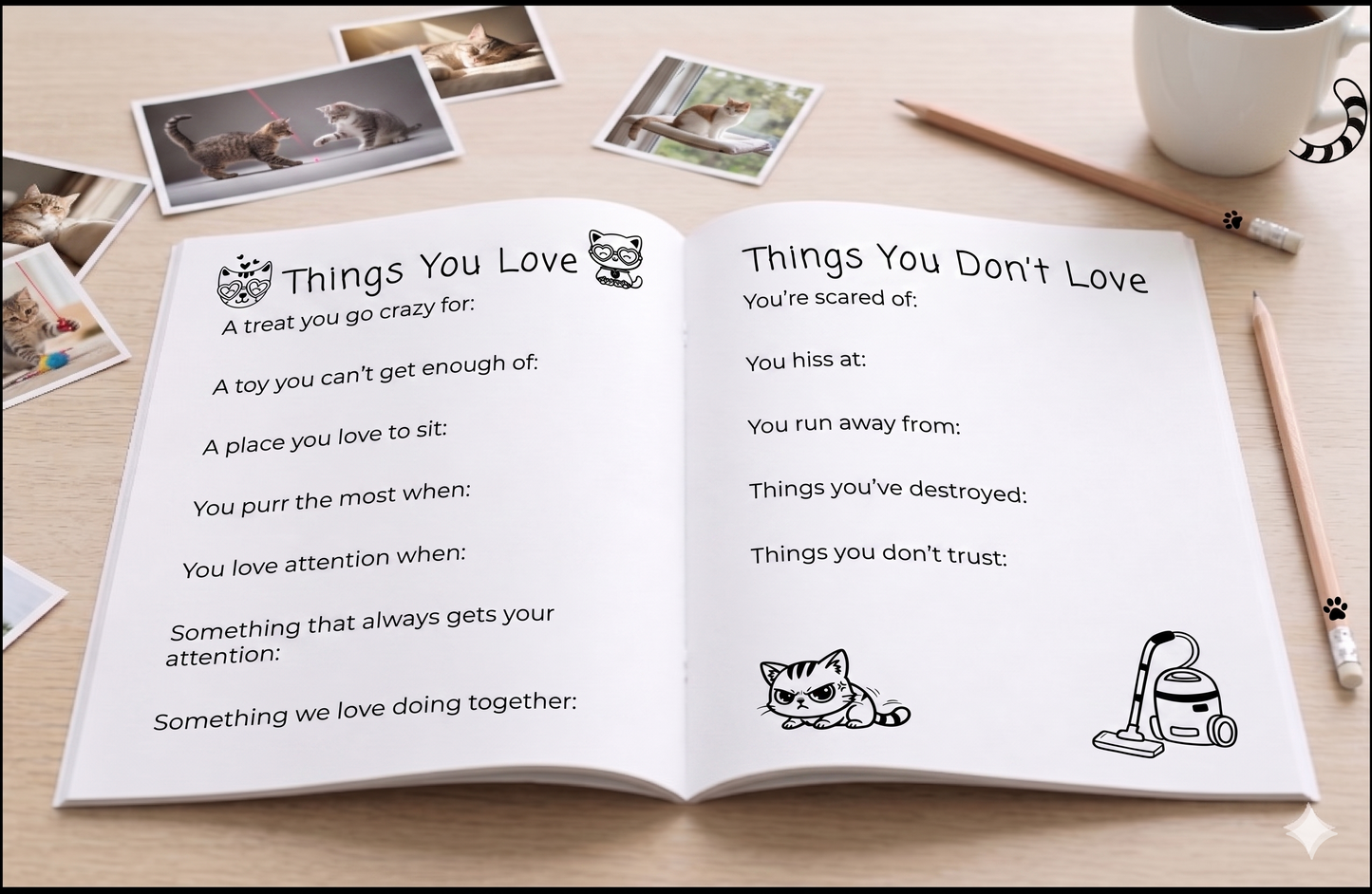 Open cat memory book with guided keepsake pages for favourite things, personality traits and everyday memories