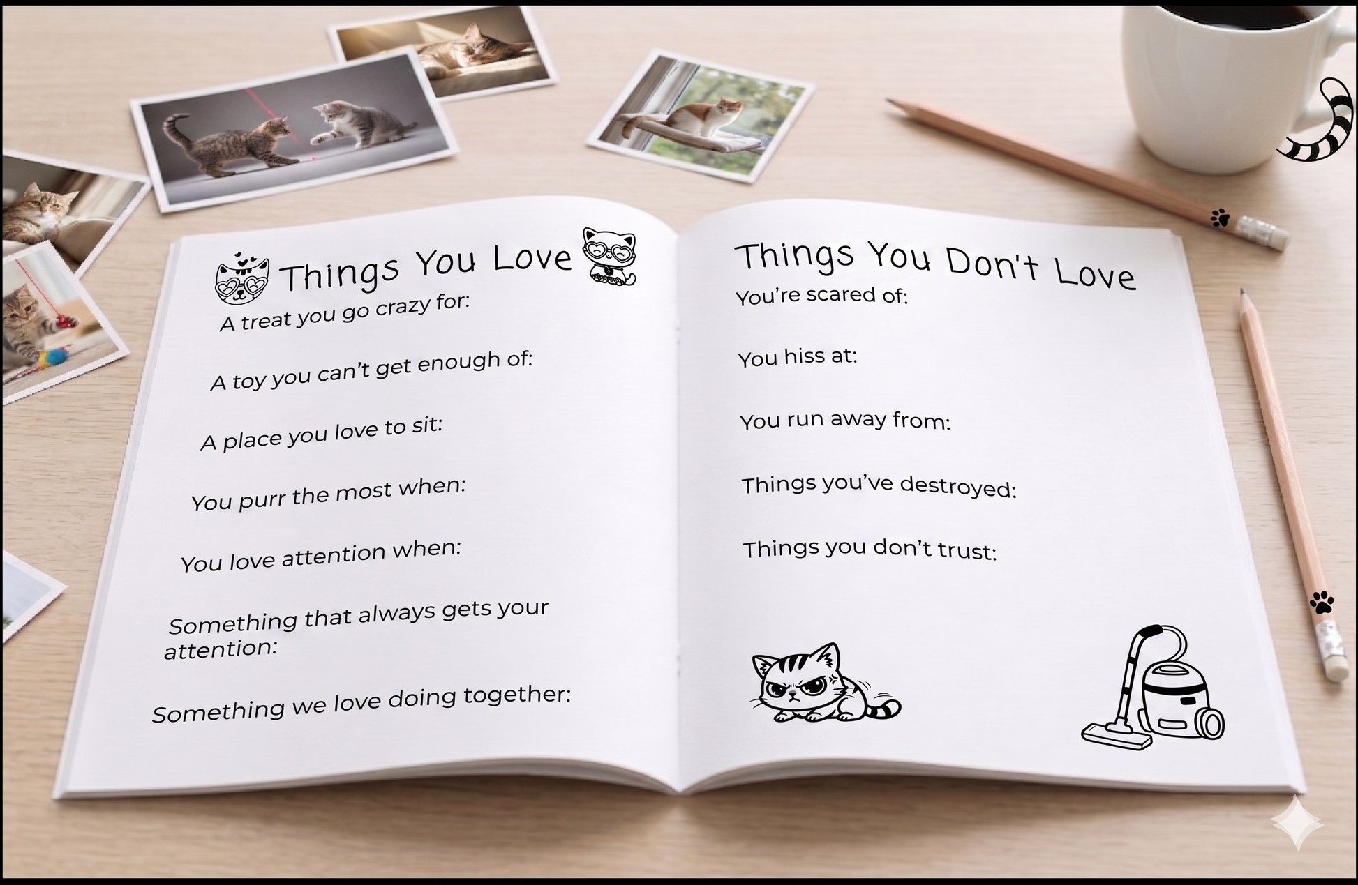 Open cat memory book with guided keepsake pages for favourite things, personality traits and everyday memories