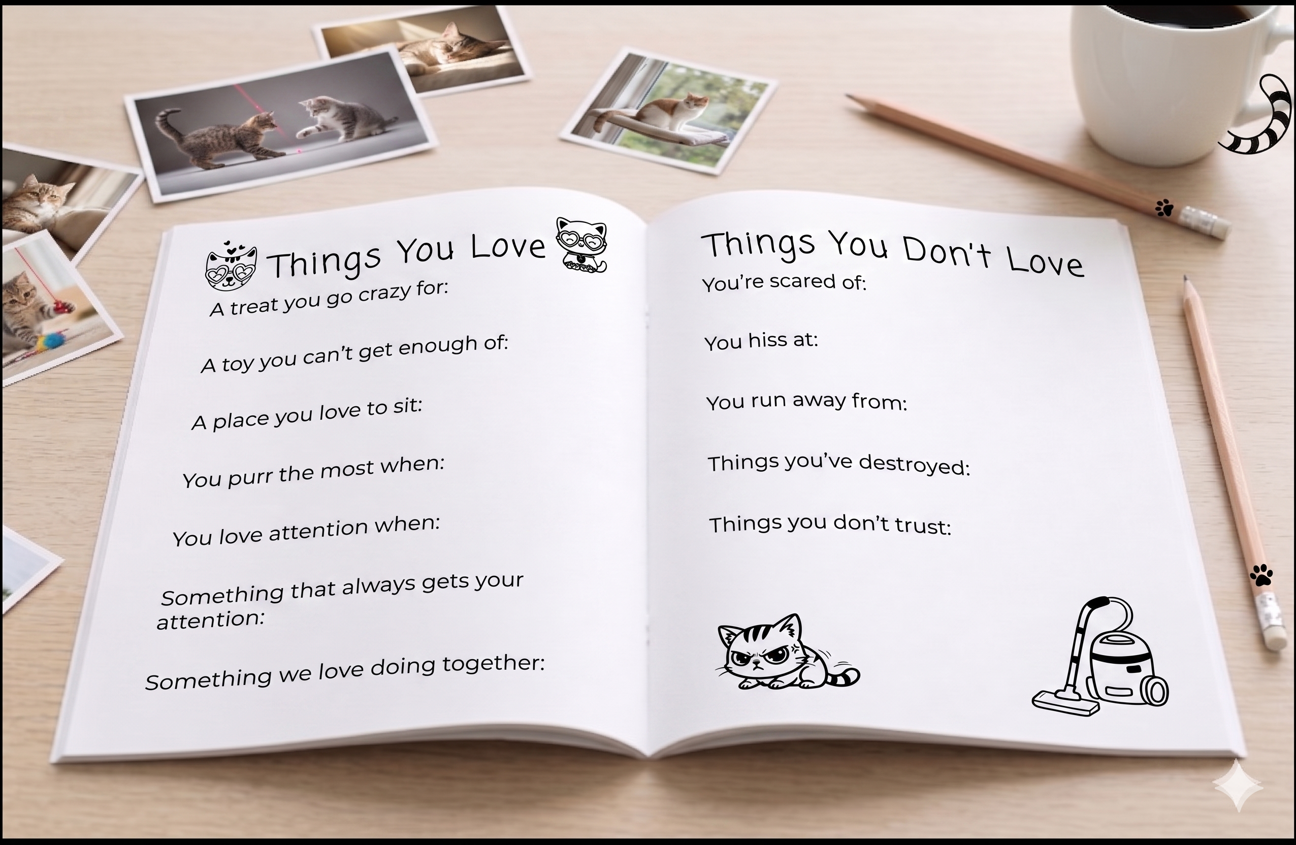 Open cat memory book with guided keepsake pages for favourite things, personality traits and everyday memories