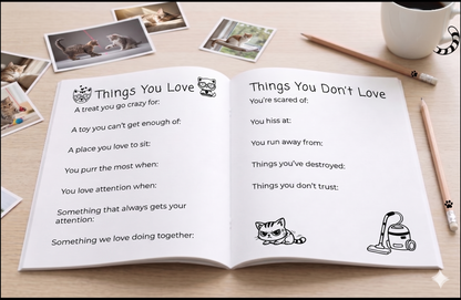 Open cat memory book with guided keepsake pages for favourite things, personality traits and everyday memories