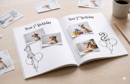 Milestone pages in the dog memory book to capture birthdays, special celebrations and favourite memories as your dog grows through every stage of life