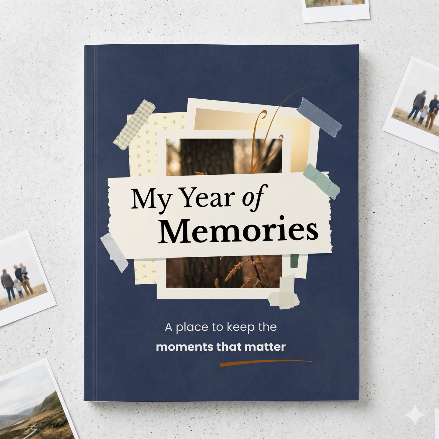 Memory scrapbook journal cover with space for photos and reflections to capture special moments, family memories, and everyday life