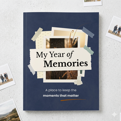 Memory scrapbook journal cover with space for photos and reflections to capture special moments, family memories, and everyday life