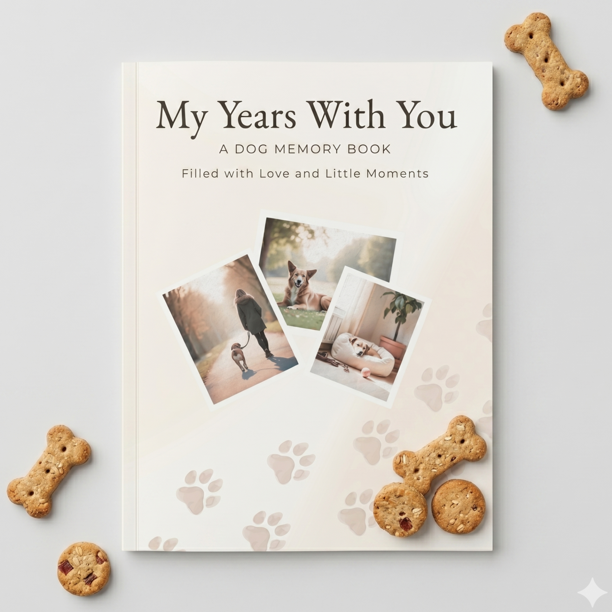 Dog memory book designed to capture the moments that matter most with guided prompts, photo pages, and space to preserve your dog’s story from puppy years to treasured memories