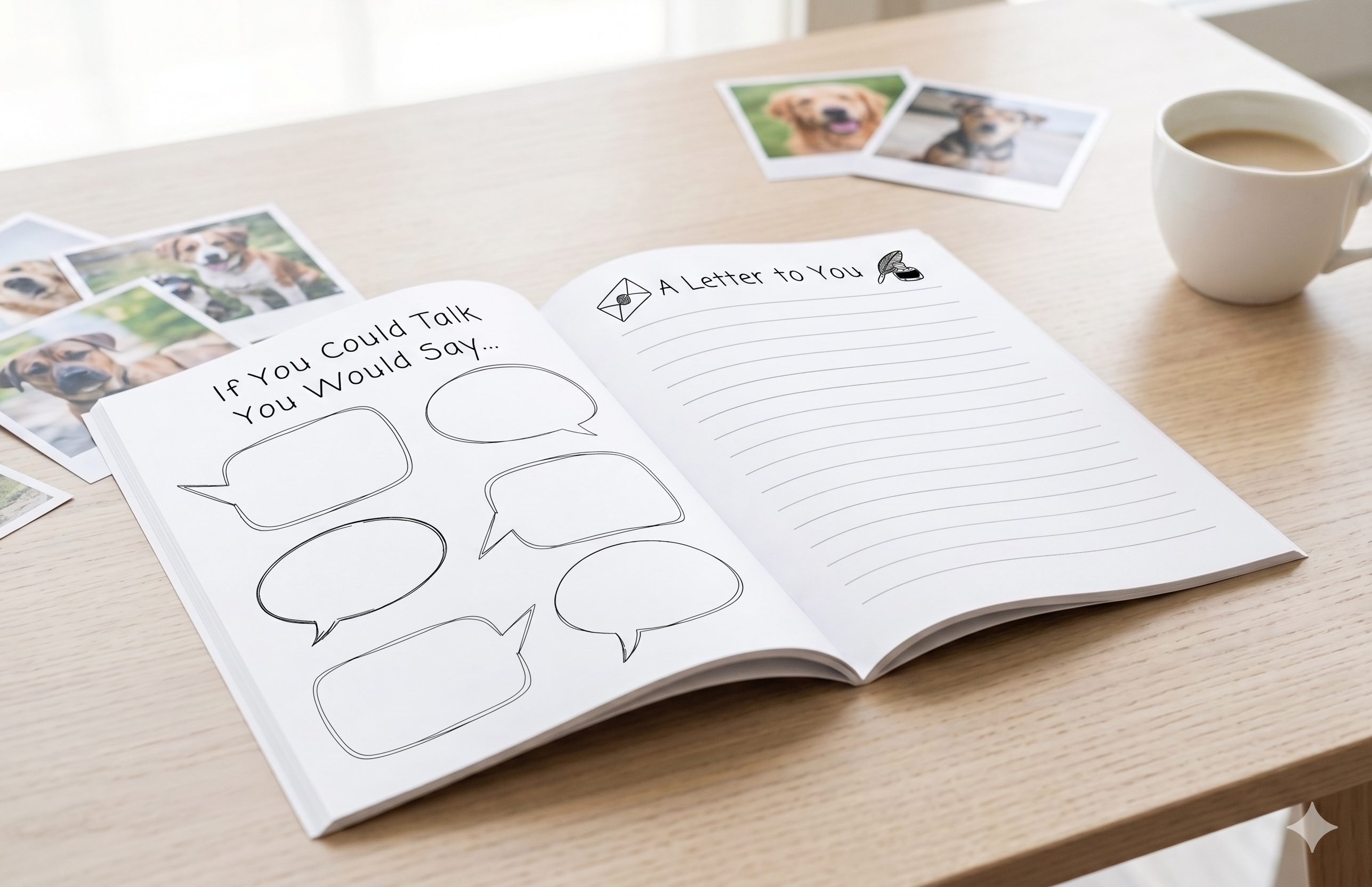 Creative dog memory book pages with guided prompts to imagine what your dog would say and write heartfelt letters to capture funny thoughts and special memories