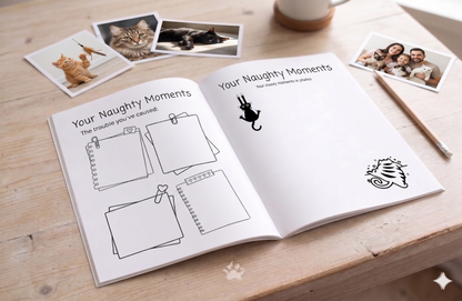 Open cat memory book with guided keepsake pages for funny moments, photo spaces and everyday memories