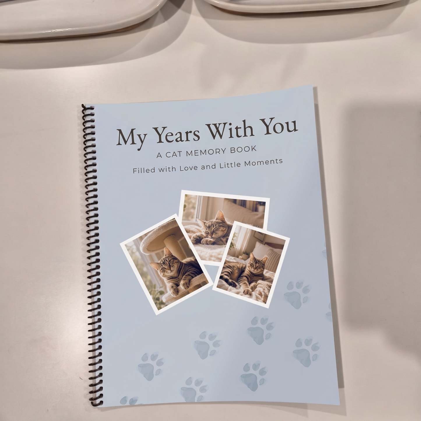 Spiral cat memory book with guided keepsake pages, milestone memories and photo spaces