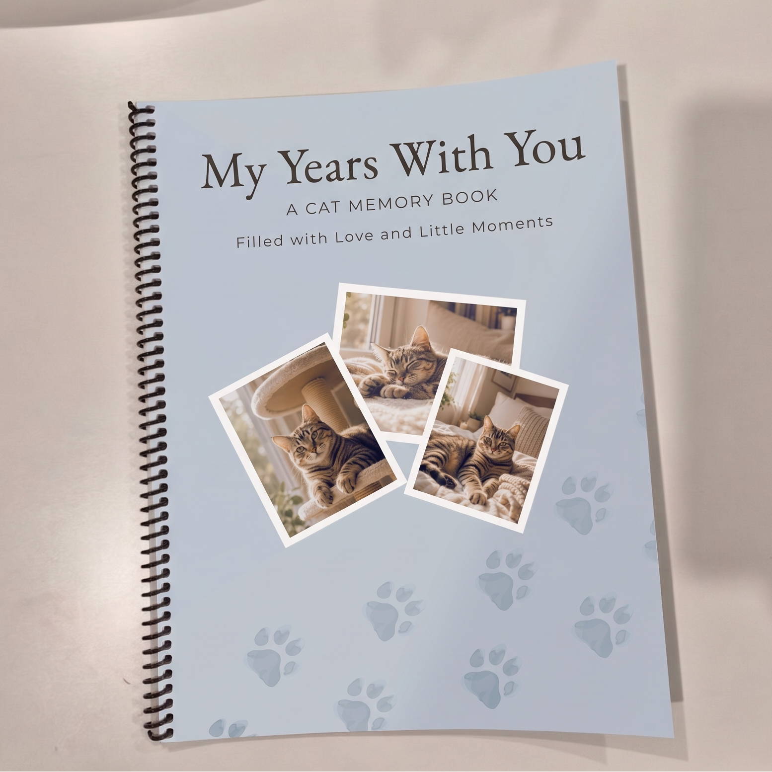Spiral cat memory book with guided keepsake pages, milestone memories and photo spaces