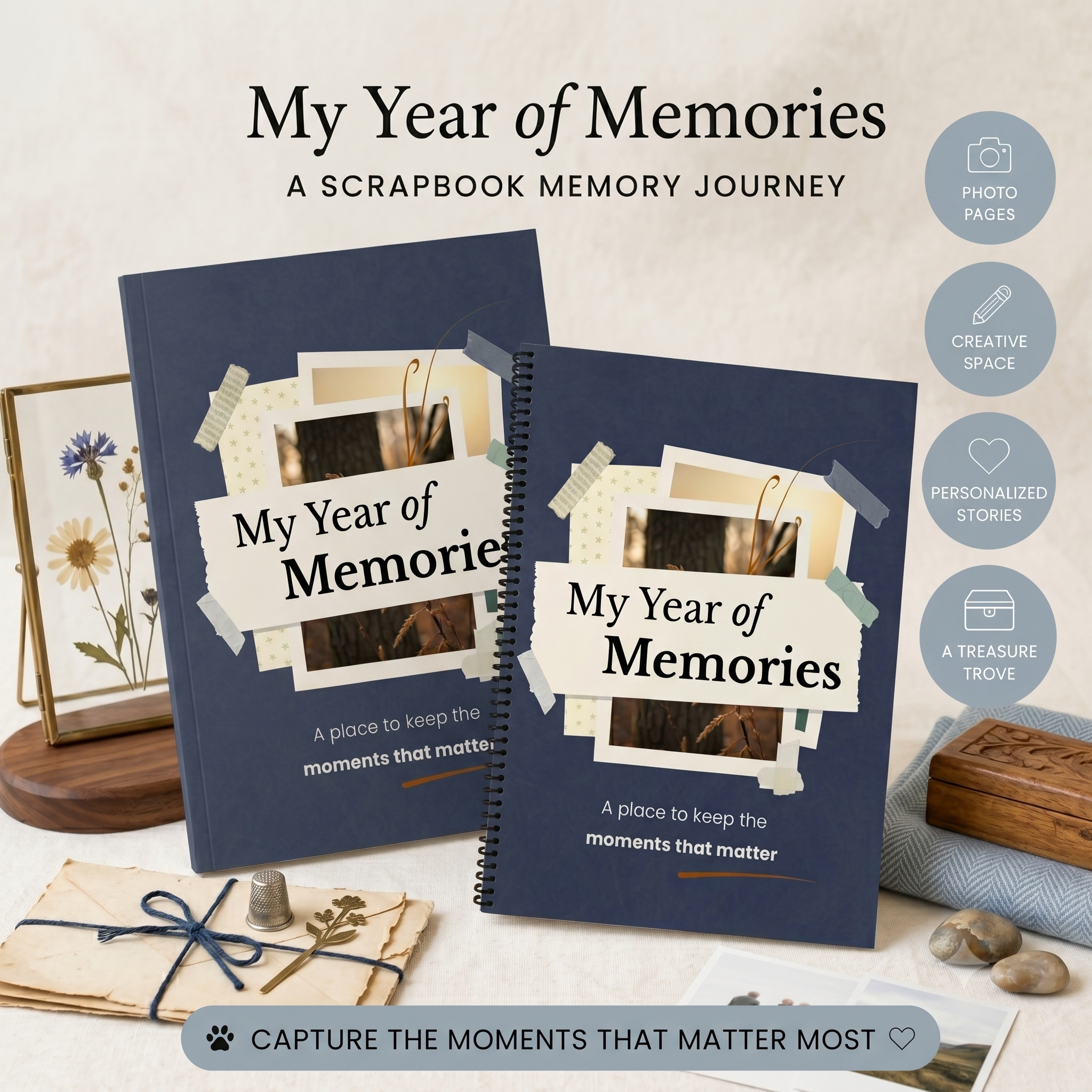 Scrapbook memory journal designed to help capture everyday moments, photos, memories, and reflections with creative pages that turn ordinary days into lasting keepsakes