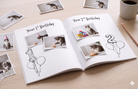 Open cat memory book with milestone pages for birthdays, photo spaces and guided keepsake memories