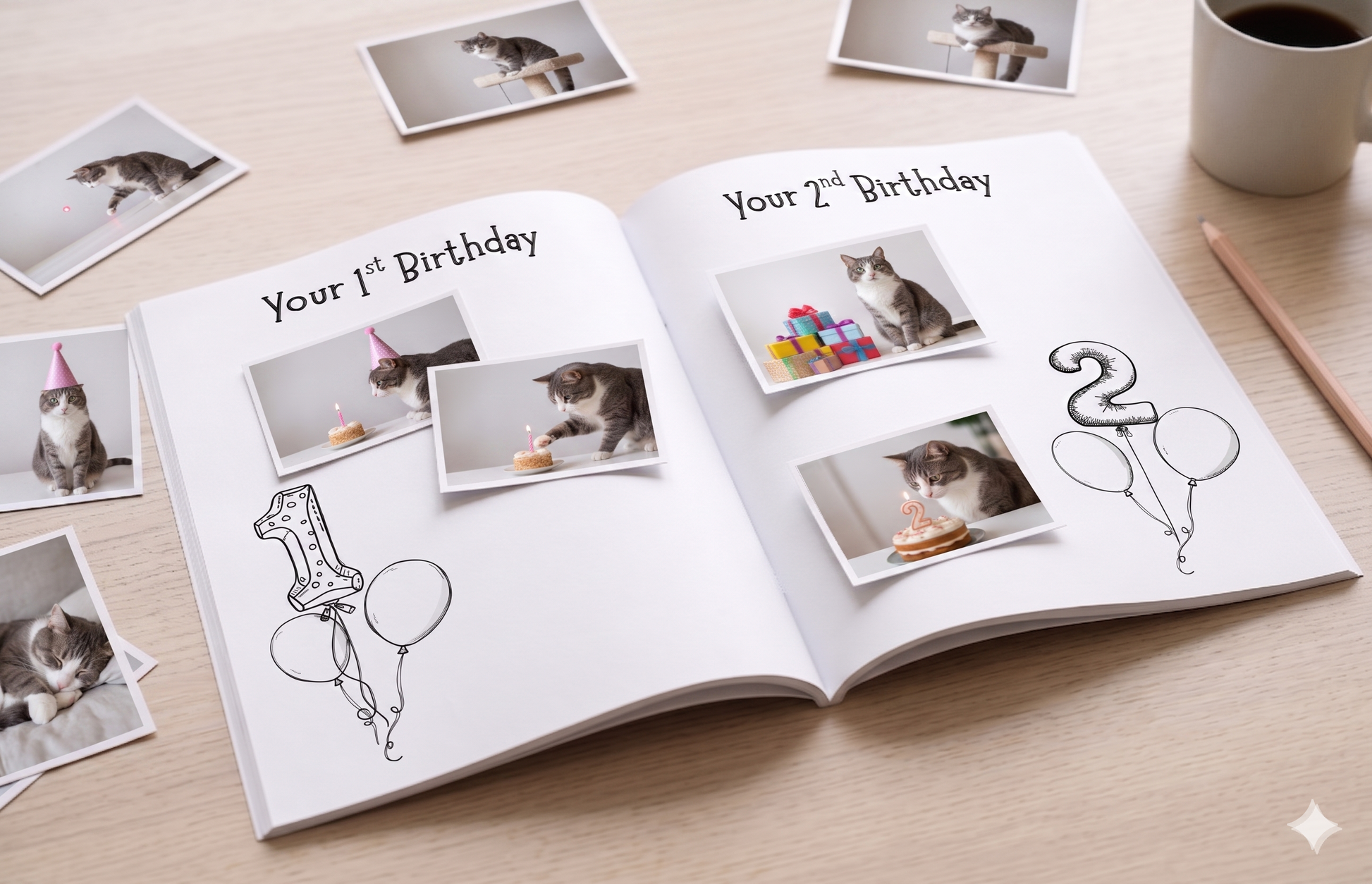 Open cat memory book with milestone pages for birthdays, photo spaces and guided keepsake memories