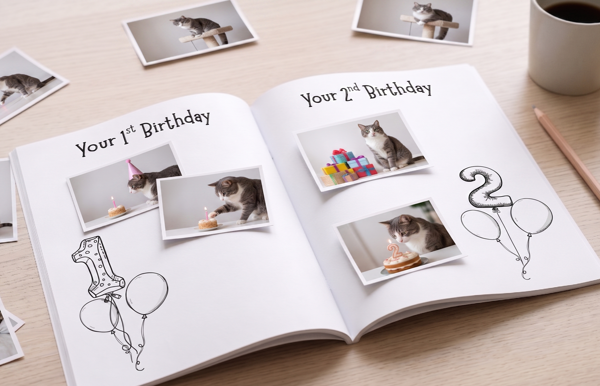 Open cat memory book with milestone pages for birthdays, photo spaces and guided keepsake memories