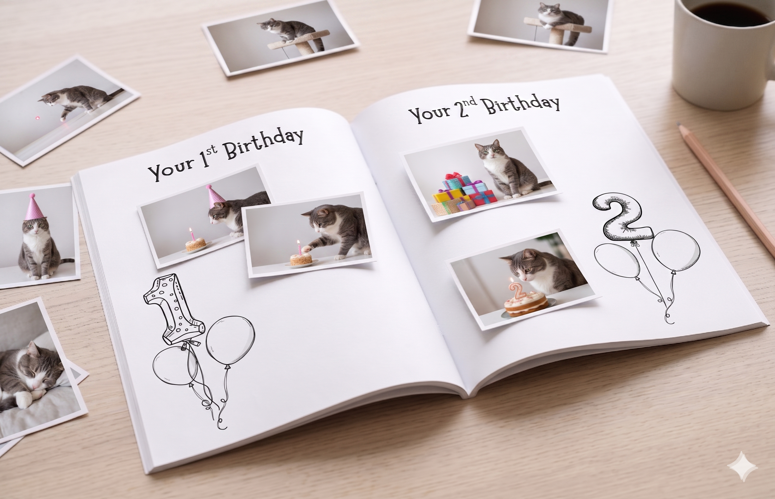 Open cat memory book with milestone pages for birthdays, photo spaces and guided keepsake memories